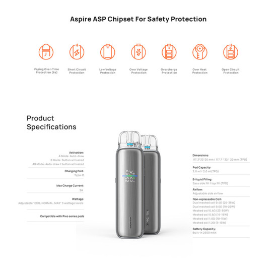Aspire Pixo Max Pod Kit 2600mAh Brushed Silver